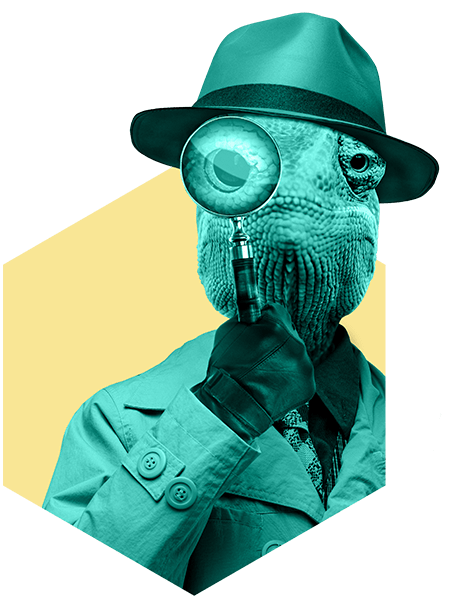 Evaluerende Rodkjær kamæleon med forstørrelsesglas