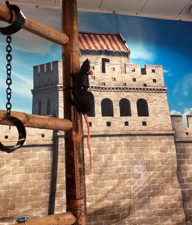 Prison temafesten er dekoreret med et banner, hvor der er et billede af en stor borg. 