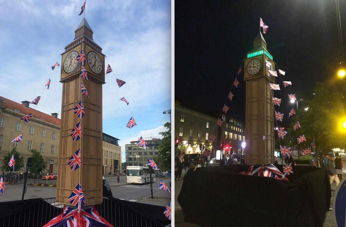 Big Ben på Aarhus banegårdsplads både om natten og om dagen