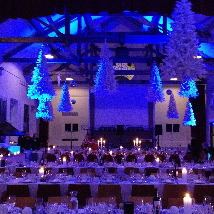 Til denne temafest har Rodkjær pyntet med hvide juletræer i loftet