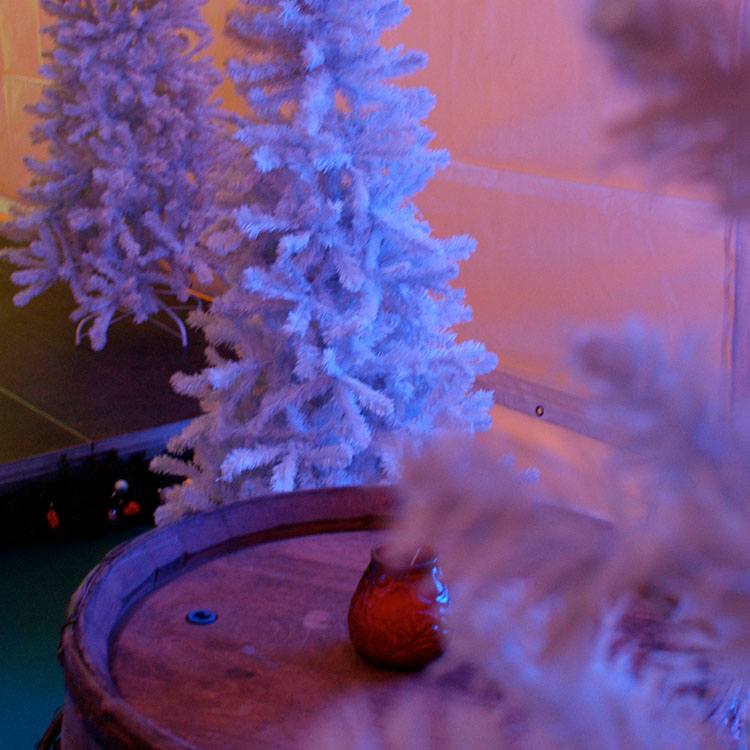 Rodkjær bruger små hvide juletræer som juledekorationer til juletema